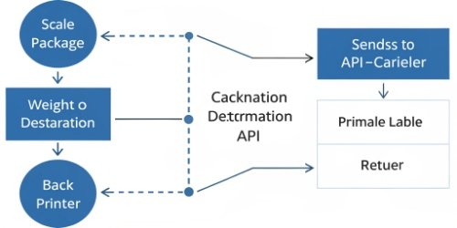 A diagram showing the data flow from scale to carrier API and back to the printer.