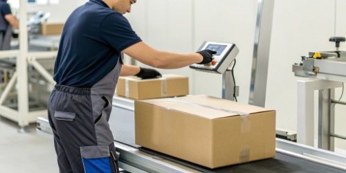 A fast-motion video or a series of images showing a worker quickly weighing items and applying labels from an integrated scale printer.