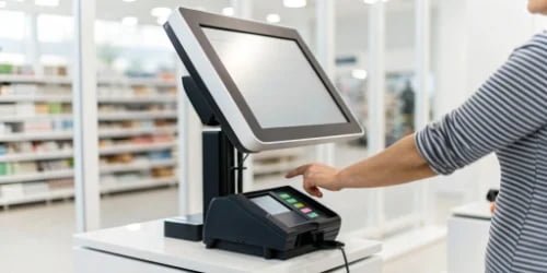 Touchscreen Interface of a Label Printing Scale A user interacting with the touchscreen interface of a label printing scale
