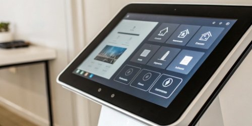 Scale Label Design Interface Close-up of a scale's touchscreen interface showing a label design tool