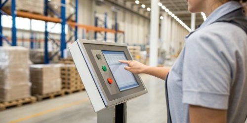 A user interacting with the touchscreen interface of an industrial scale