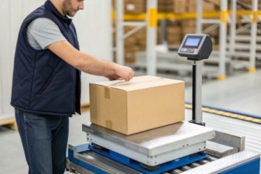 An operator efficiently weighing and labeling a box of raw materials