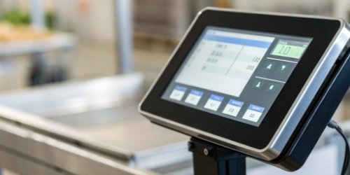 Enhanced Scale Functionality Close-up of a scale's screen showing product ID and weight