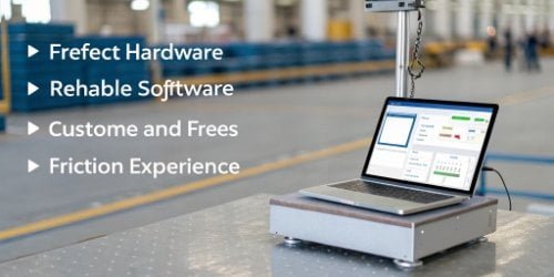 Seamless Integration A clear diagram showing a seamless connection between a weighing scale and a computer running software