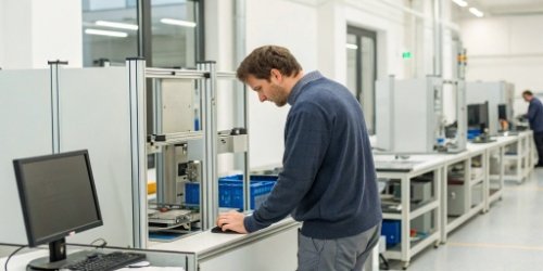 A developer testing code on a physical label printing scale in a controlled lab environment