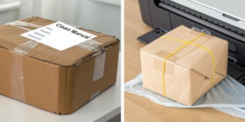 Benefits of Database Integration A split-screen image showing a messy, manually labeled package versus a clean, professionally printed label.