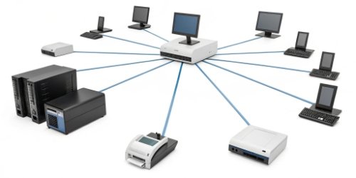A network diagram showing a central server pushing label template updates to several PC-based printing scales.