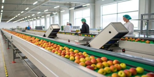 A brightly lit facility with a conveyor belt carrying fruits over a smart PC scale for sorting