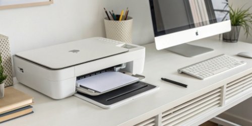 A clean and organized workspace featuring a compact all-in-one scale-printer, saving valuable counter space.