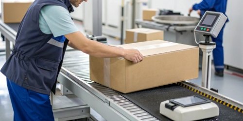 Precision in Packaging with Scales An operator efficiently applying a freshly printed label to a package at a one-person workstation