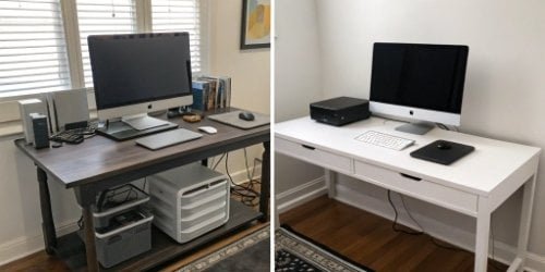 Benefits of Upgrading Weighing Technology a before-and-after graphic showing a cluttered workstation with multiple devices vs. a clean one with a single PC scale