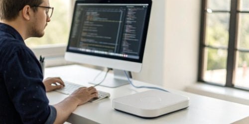 Software Development Kit for Smart Scales A developer working on a computer showing code with an SDK library, with a smart scale connected nearby