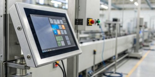 An industrial smart scale with a classic Windows interface on the screen, connected to a factory network