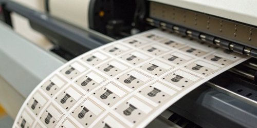 A close-up of labels with sequential serial numbers coming out of a printer