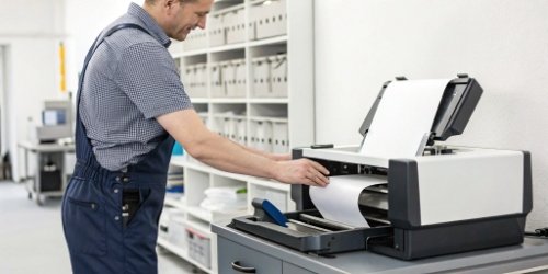Concurrent Weighing and Label Printing in Action An operator using a label printing scale, with the label emerging from the printer as they work.