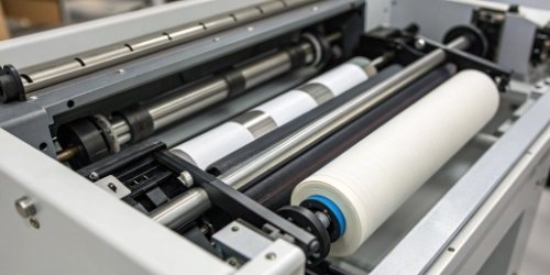 Label Printer Calibration A close-up of a label printer's internal rollers and guides