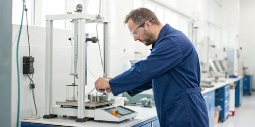 A quality control technician testing an industrial scale in a lab with diagnostic equipment