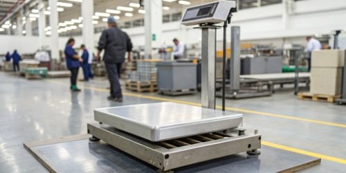 An industrial printing scale with a sturdy metal casing in a factory setting