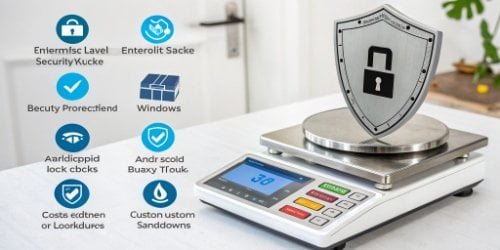 A graphic showing a shield protecting a smart scale, with security icons for Windows and Android