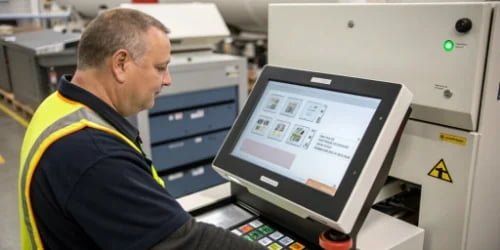 A worker easily navigating a large, bright touchscreen interface on a label printing scale.
