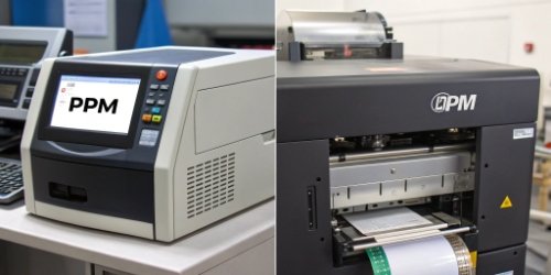 PPM for Offices, IPM for Industry alt with keywords: A comparison of an office printer and an industrial label printer
