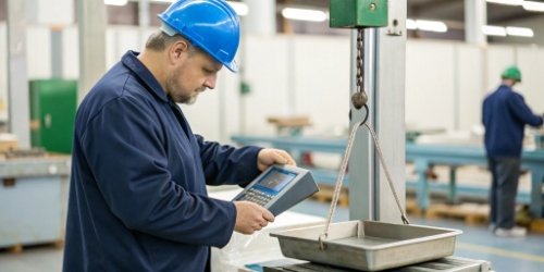 A quality control inspector examining a weighing scale before shipment