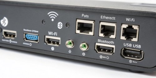 A close-up shot of a scale's back panel showing ports for Ethernet, a USB, and symbols for Wi-Fi and Bluetooth.