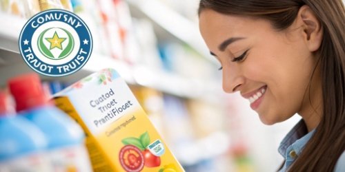 A close-up shot of a customer looking positively at a product label that features a vibrant product image and a clear company logo.