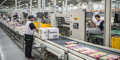 A fast-paced production line with an automated weighing and labeling station