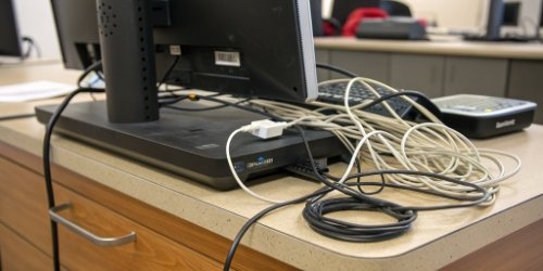 A close-up shot of the back of a workstation, comparing the tangle of wires from a PC/printer setup to a single-cord integrated scale.