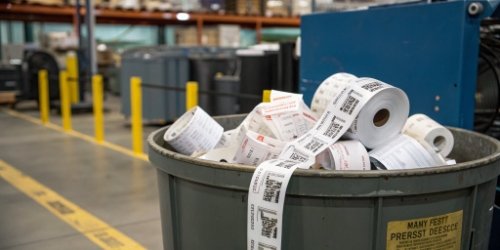 A large trash can filled with rolls of discarded, unused pre-printed labels