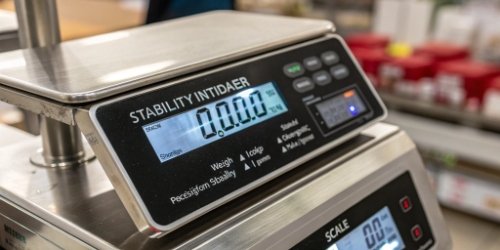 Close-up of a scale's digital display showing a stability indicator icon.