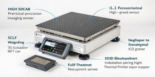 Features of a Scan-Weigh-Print Device A detailed product shot of a Weigherps IoT scale, with callouts pointing to the scanner, scale platform, printer, and touchscreen.