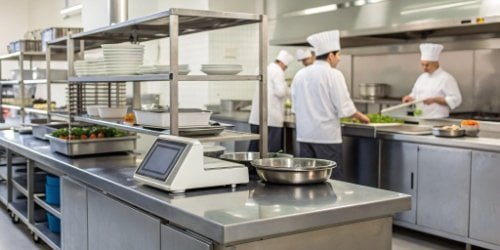 A professional kitchen or canteen with a smart PC scale on a stainless steel counter for inventory