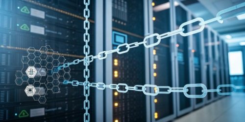 Technologies Supporting Reliable Allergen Data An abstract graphic representing a secure blockchain network of interconnected blocks