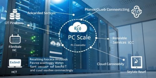 Future-Proof Weighing Platform A futuristic diagram illustrating a PC scale connected to cloud services and other IoT devices