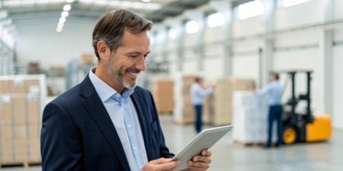 Data-Driven Management with Smart Scales A manager smiling while reviewing analytics on a tablet, with data being fed from smart scales in the background warehouse.