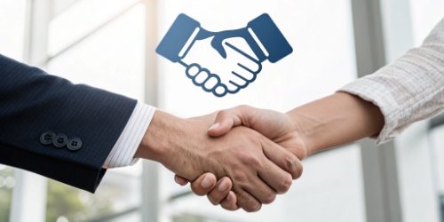 Two company logos joined by a handshake icon, symbolizing a partnership