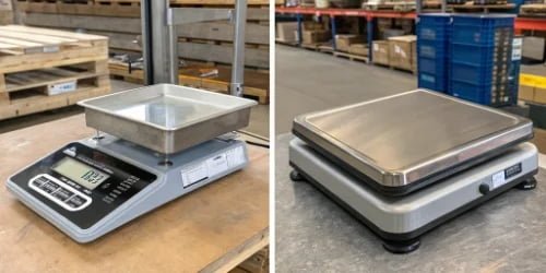 Material Difference in Retail and Industrial Scales A split-screen image showing the plastic casing of a retail scale on one side and the thick stainless steel of an industrial scale on the other.
