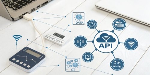 Icons representing IoT, Software, and API technology connecting a scale