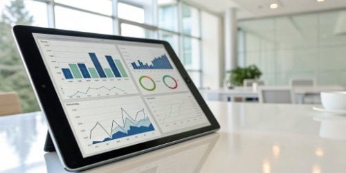 ROI from Smart Weighing A dashboard on a tablet showing real-time production data, with graphs for efficiency, waste, and output.