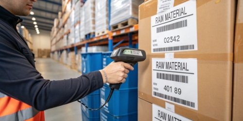 A warehouse worker scanning a barcode on a labeled raw material container