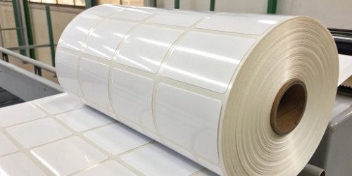 A roll of shiny, synthetic polyester labels ready to be loaded into a printer