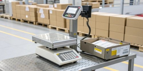 An industrial scale connected directly to a label printer, automatically printing a correct label.