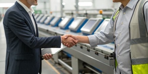 A collaborative handshake in front of a production line of smart PC scales.