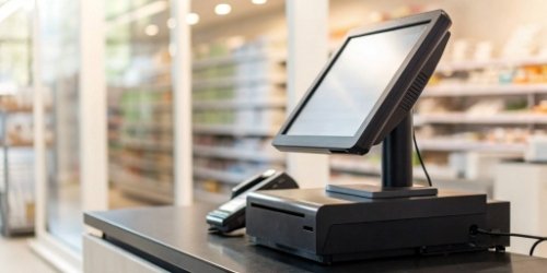 A retail POS scale connected to a computer running shipping software.