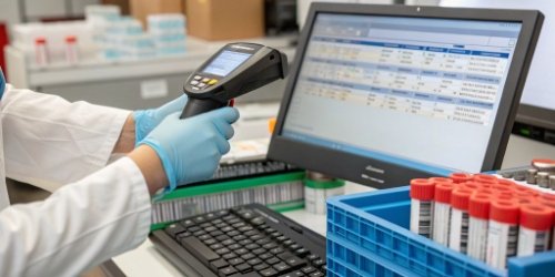 Accurate Sample Tracking with Barcodes A lab technician scanning a barcoded sample tube, with a computer screen showing the tracked data
