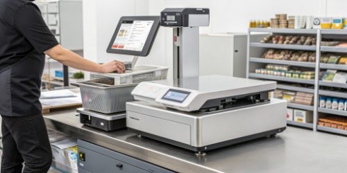 A clean and efficient workstation featuring a modern industrial scale with a built-in printer