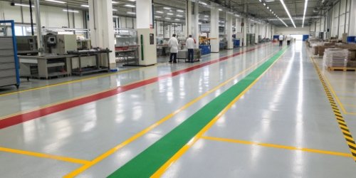 Preventing Errors in Allergen Packaging A clean and organized factory floor with color-coded lines on the ground to mark different zones