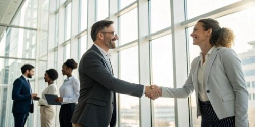 Successful Hardware Collaboration Two business teams shaking hands in a modern office, symbolizing a successful partnership and collaboration